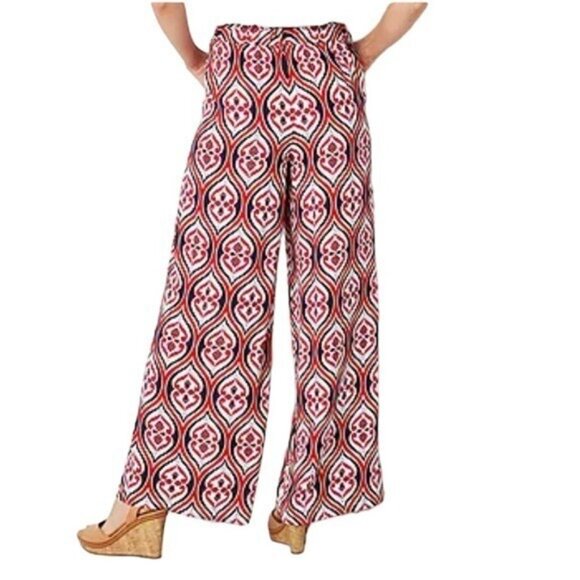 Liz Claiborne Wide Leg Pants Women Size 18 Flat Front Comfort Red Blue Geo Print - Picture 3 of 15